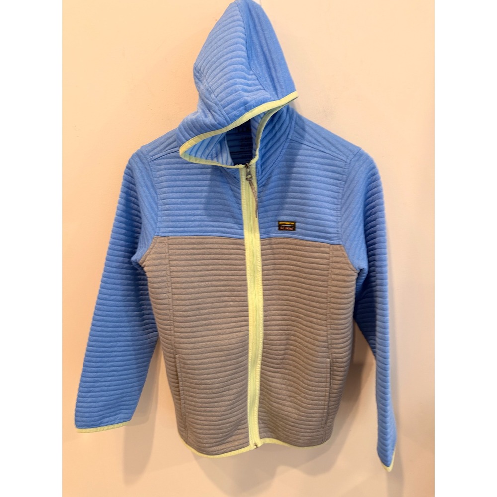 LL Bean Kids Ribbed Quilted Full Zip Hoodie Blue Grey 509341 Size L 14-16